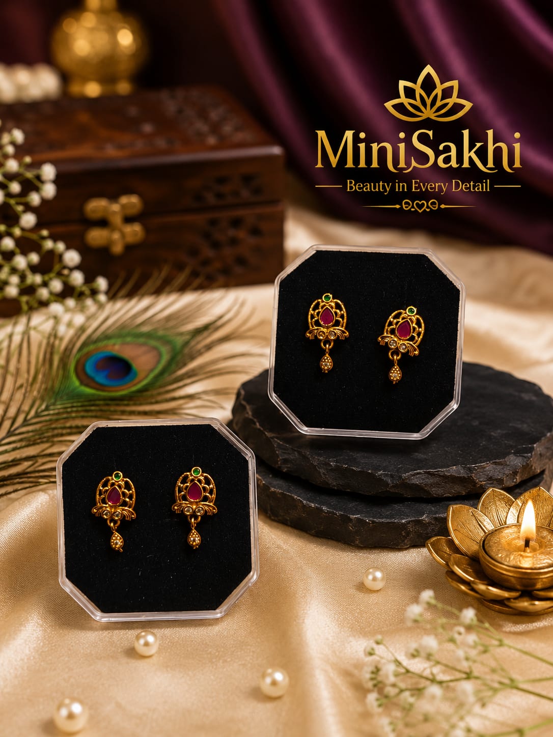 Traditional Ruby colored Stone Drop Earrings for Women